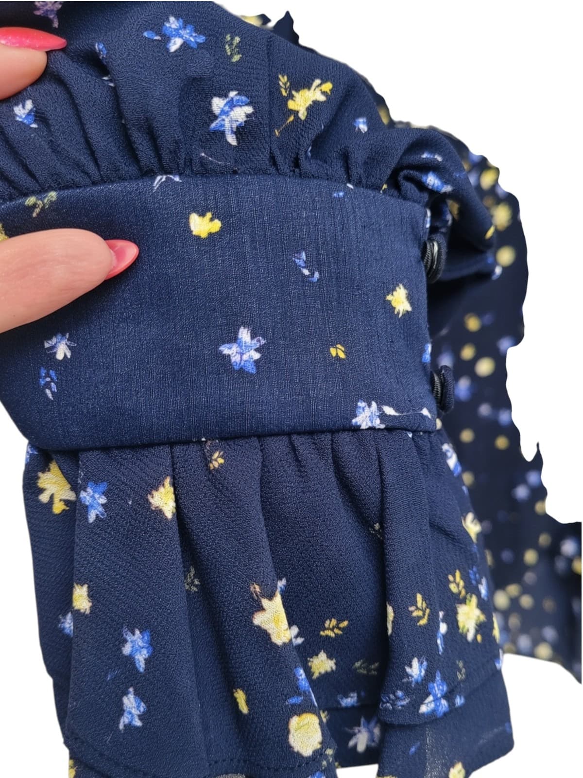 AJE Navy Floral Print Ruffle Neck Long Sleeve Blouse Size 12 — photo 7 of 9