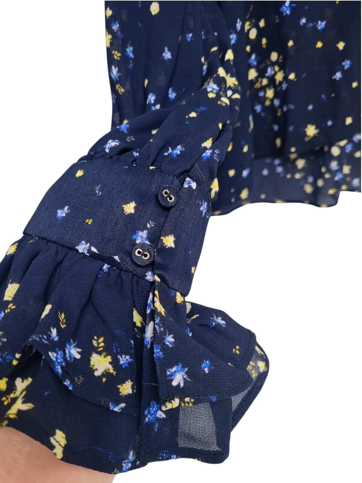 AJE Navy Floral Print Ruffle Neck Long Sleeve Blouse Size 12 — photo 6 of 9