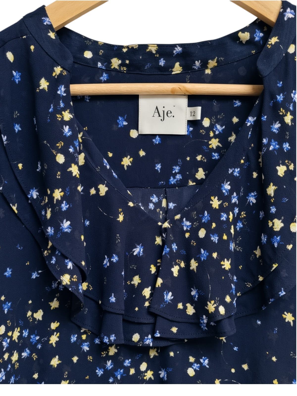 AJE Navy Floral Print Ruffle Neck Long Sleeve Blouse Size 12 — photo 2 of 9
