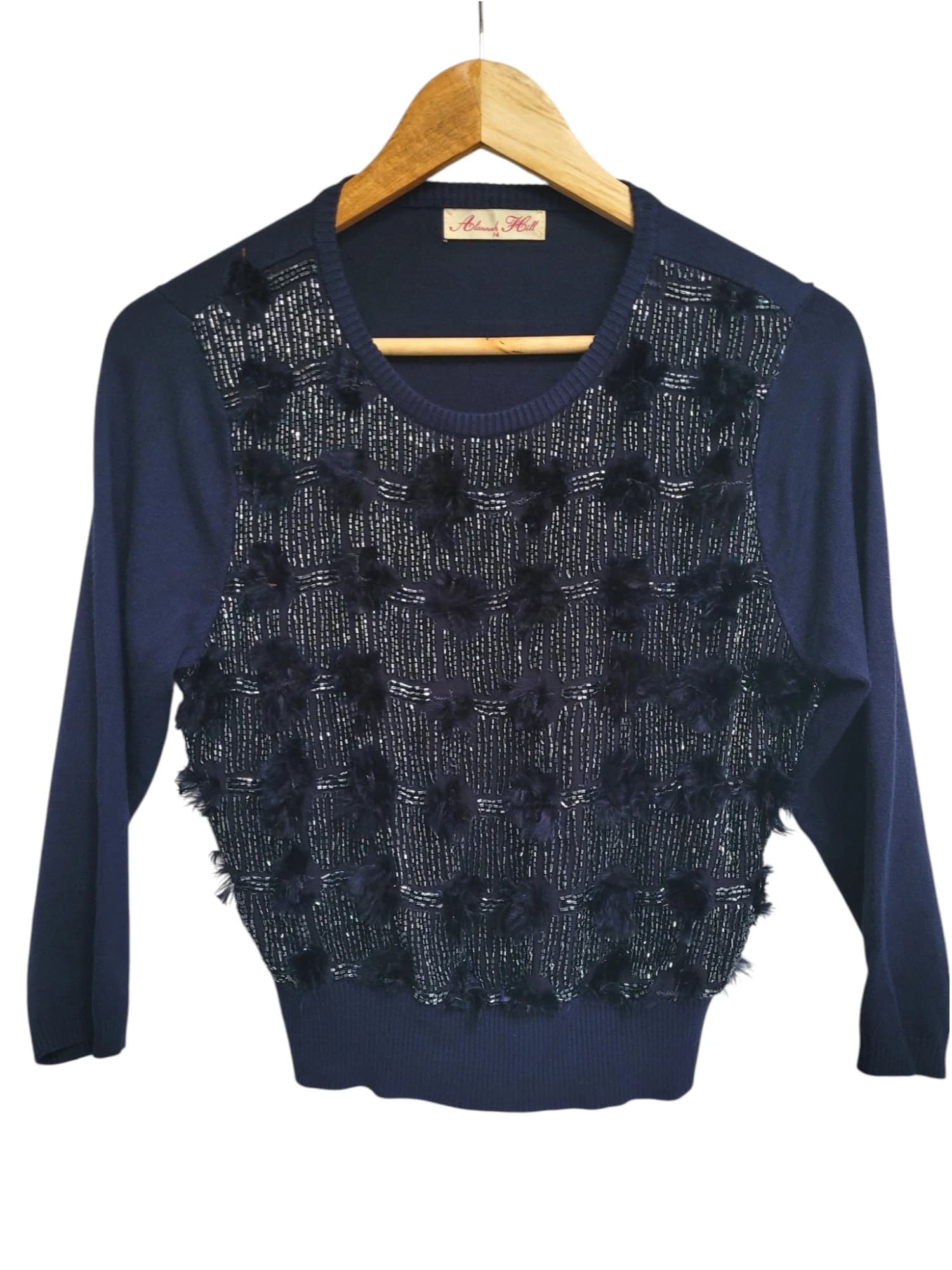 ALANNAH HILL Navy Beaded Feather Embellished Knit Jumper Tagged 14 Fits 10 — photo 1 of 7