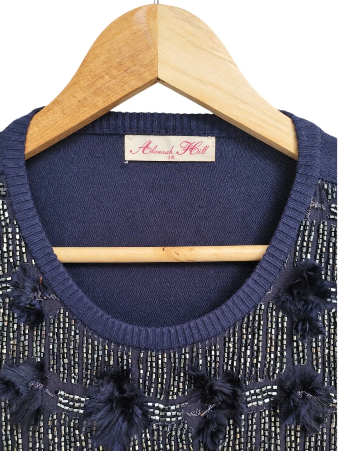 ALANNAH HILL Navy Beaded Feather Embellished Knit Jumper Tagged 14 Fits 10 — photo 5 of 7
