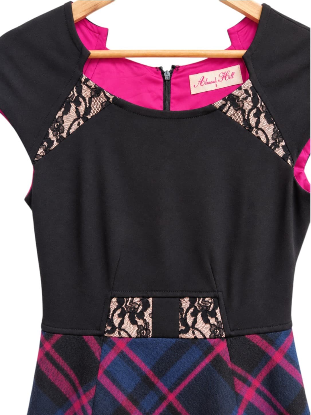 Alannah Hill What Took You So Long Dress Size 8 Wool Tartan Plaid Lace Black Pink — photo 2 of 8
