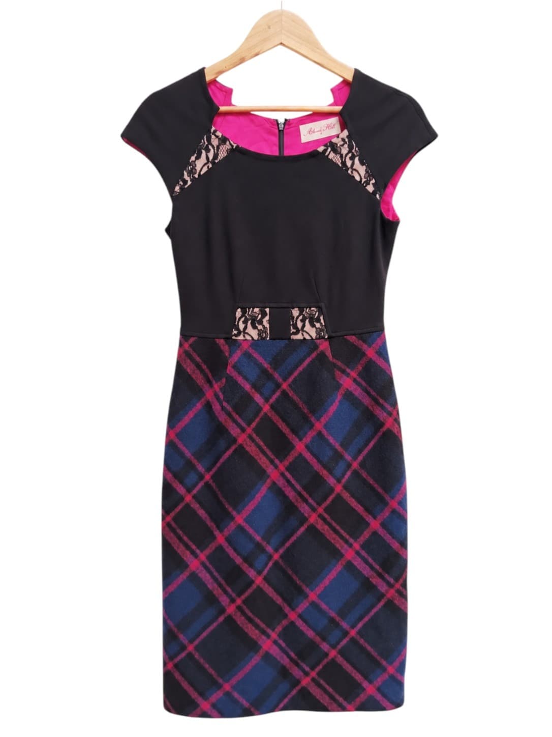 Alannah Hill What Took You So Long Dress Size 8 Wool Tartan Plaid Lace Black Pink — photo 1 of 8