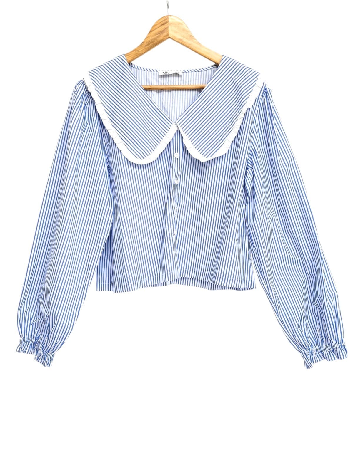 ALLY Blue and White Striped Cotton Blouse with Wide Ruffled Collar Size 12 — photo 1 of 8