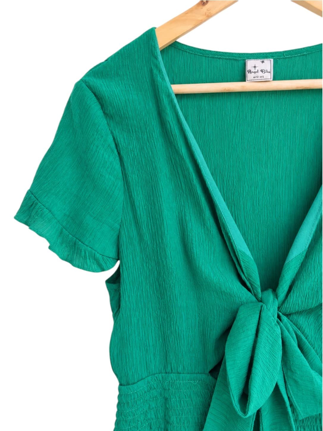 Angel Biba Green Tie Front Tiered Mini Dress Womens 12 Smocked Waist — photo 2 of 7