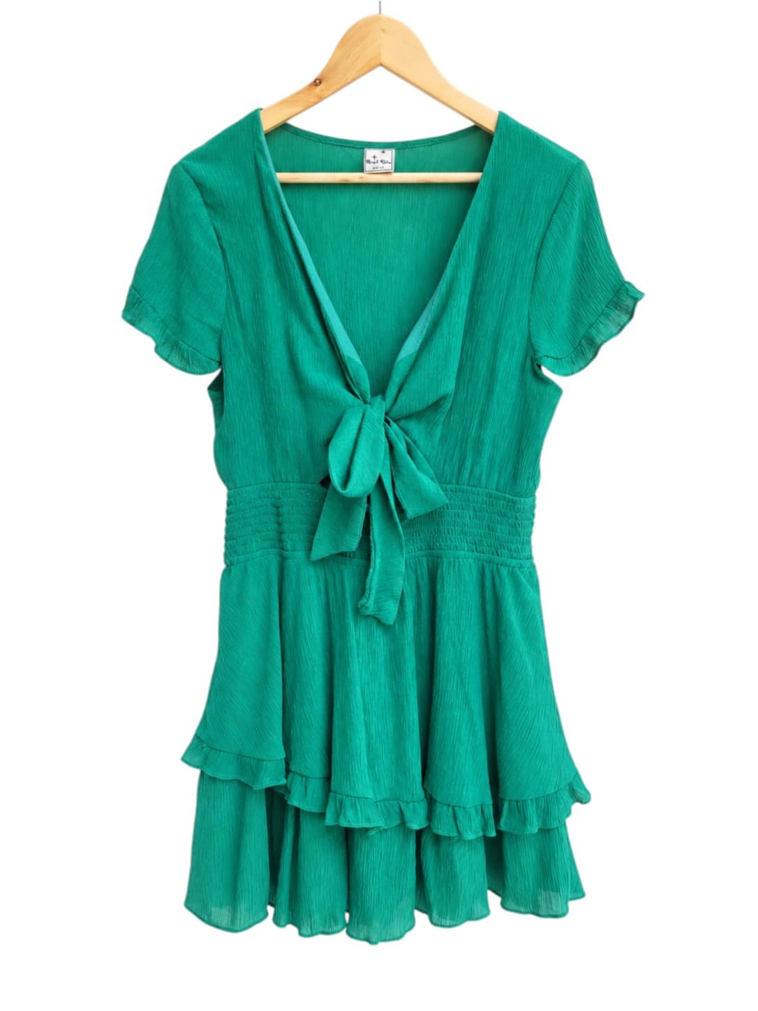 Angel Biba Green Tie Front Tiered Mini Dress Womens 12 Smocked Waist — photo 1 of 7