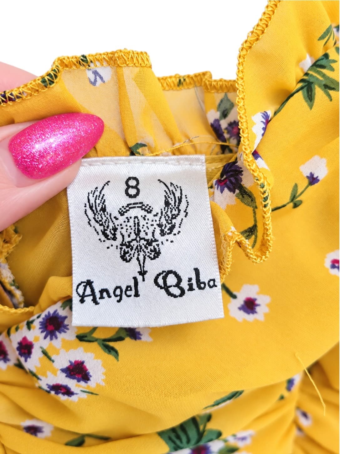 ANGEL BIBA Yellow Floral Ruched Corset Mini Dress Tie Detail Size 8 — photo 6 of 7