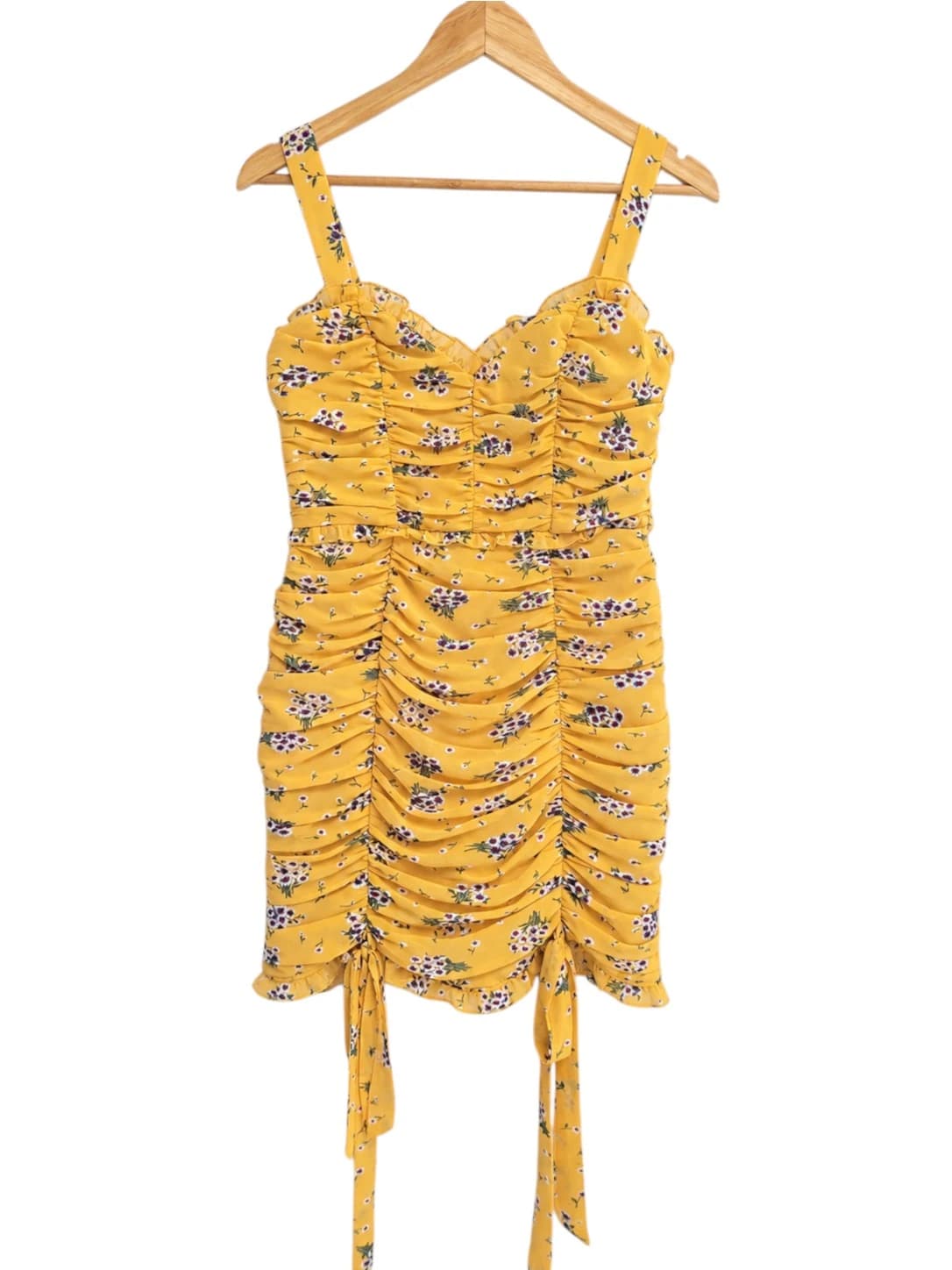 ANGEL BIBA Yellow Floral Ruched Corset Mini Dress Tie Detail Size 8 — photo 1 of 7