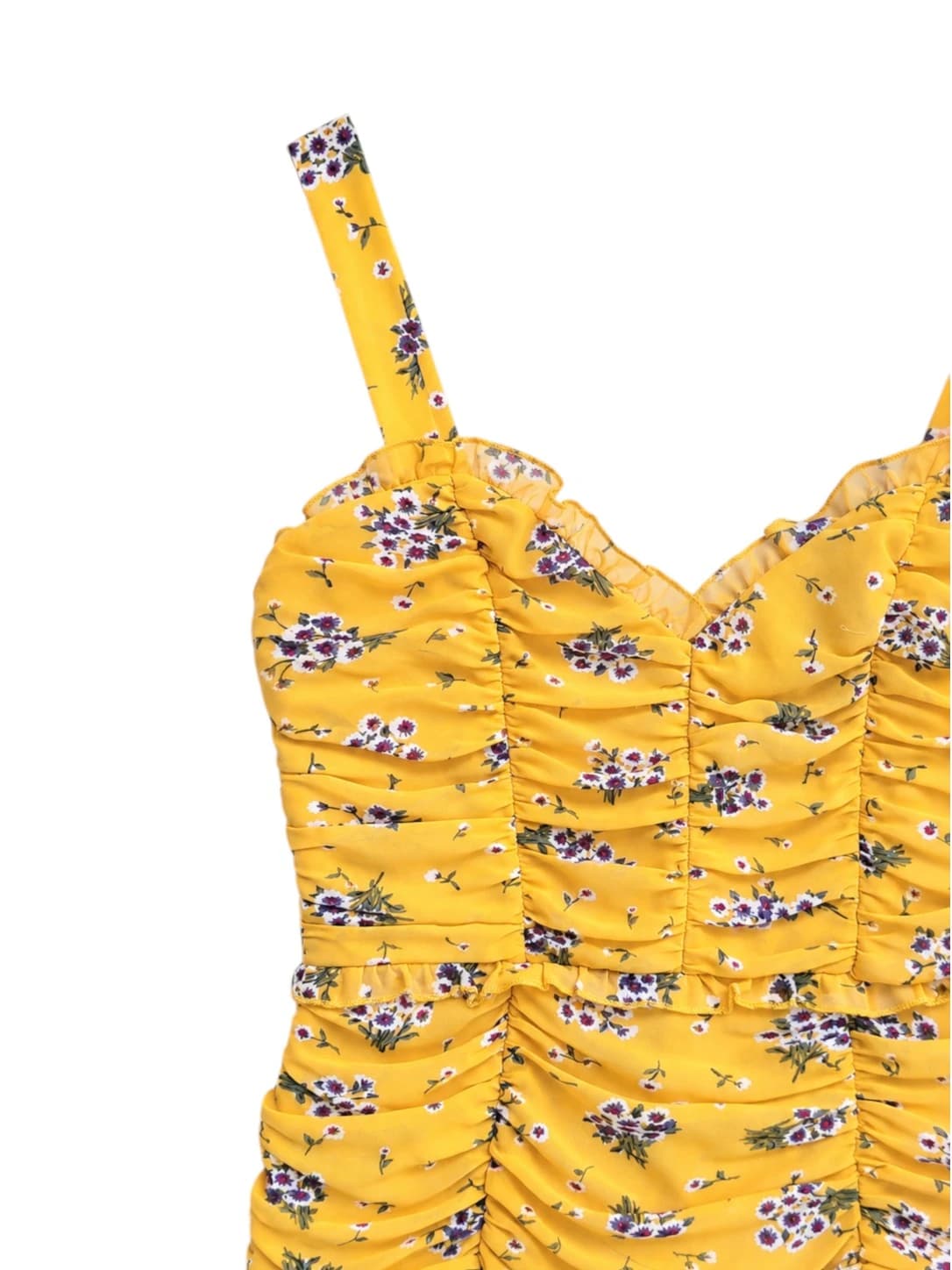 ANGEL BIBA Yellow Floral Ruched Corset Mini Dress Tie Detail Size 8 — photo 2 of 7