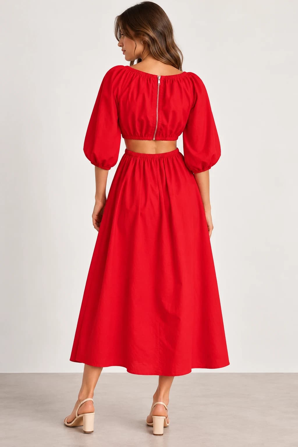 Atmos & Here Aisha Cut Out Midi Dress Red Size 8 BNWT Puff Sleeve — photo 8 of 13