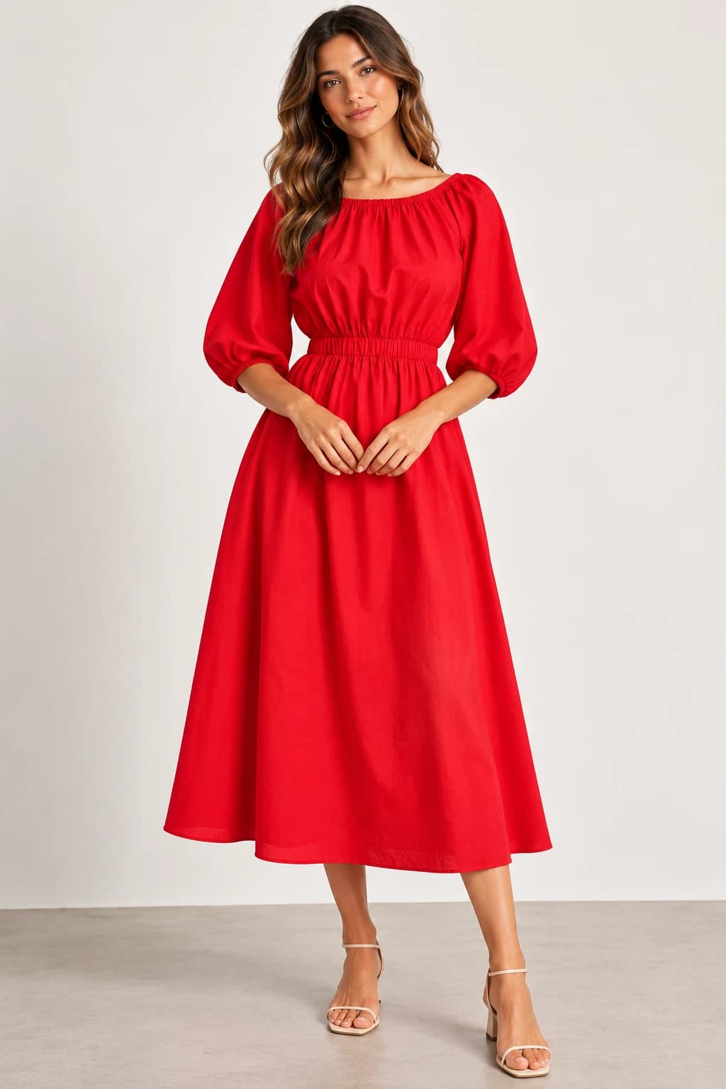Atmos & Here Aisha Cut Out Midi Dress Red Size 8 BNWT Puff Sleeve — photo 2 of 13