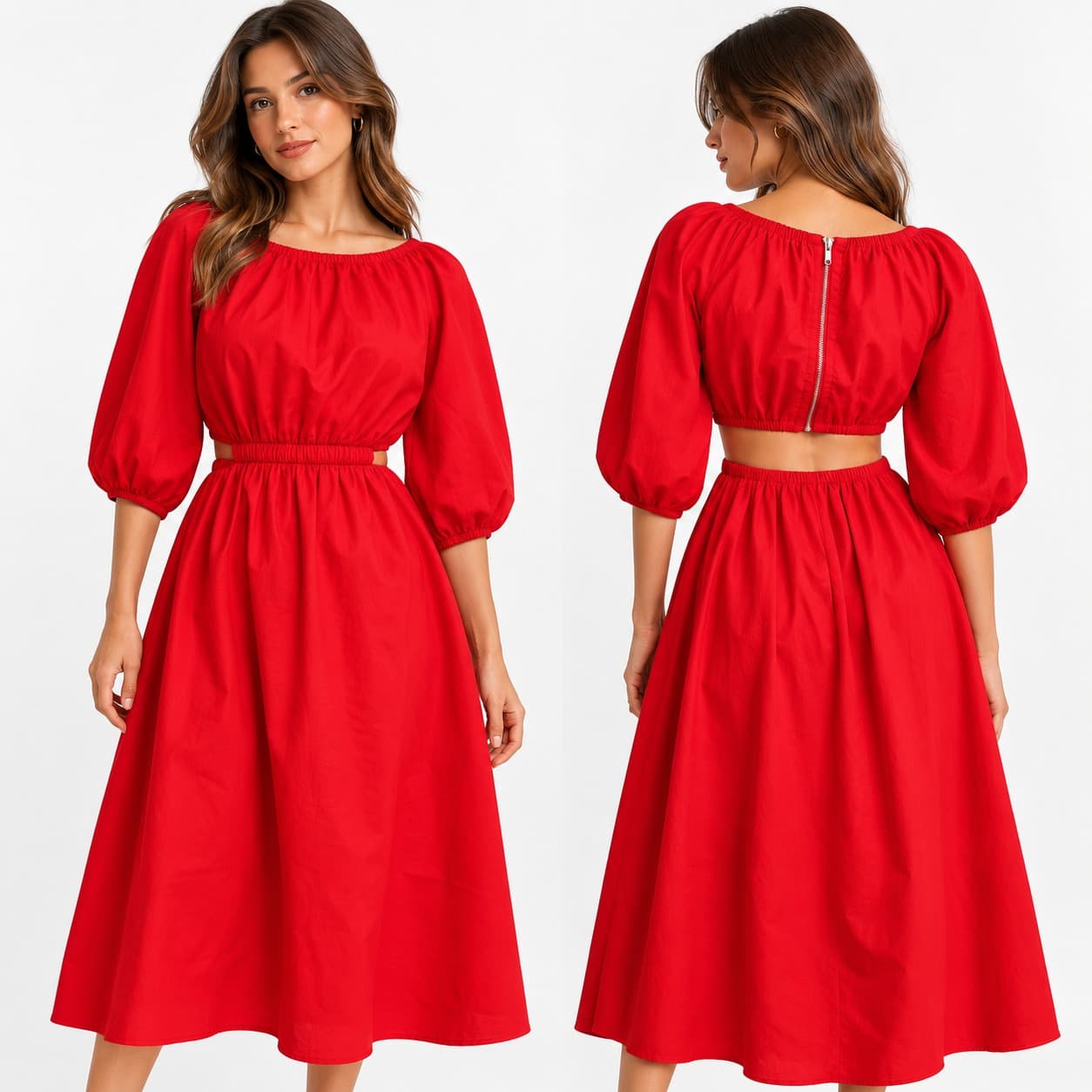 Atmos & Here Aisha Cut Out Midi Dress Red Size 8 BNWT Puff Sleeve — photo 1 of 13