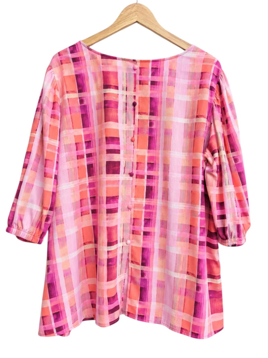 AUTOGRAPH Pink Plaid Linen Blend Puff Sleeve Blouse Top Size 22 — photo 5 of 8