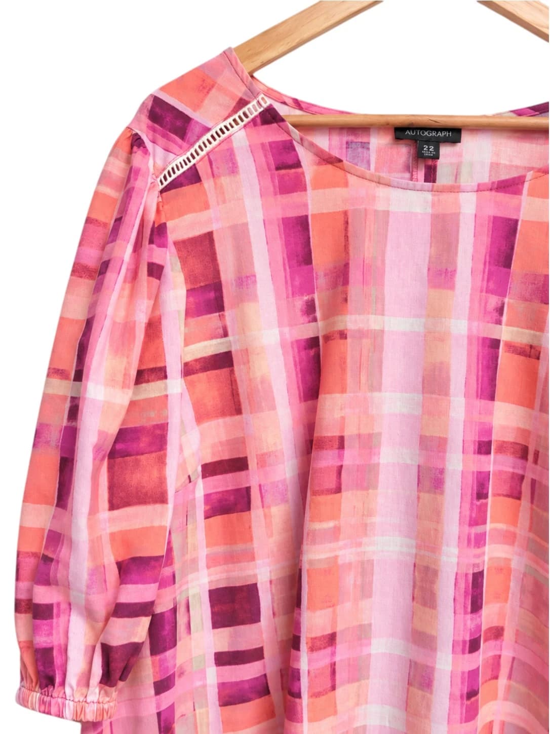 AUTOGRAPH Pink Plaid Linen Blend Puff Sleeve Blouse Top Size 22 — photo 1 of 8