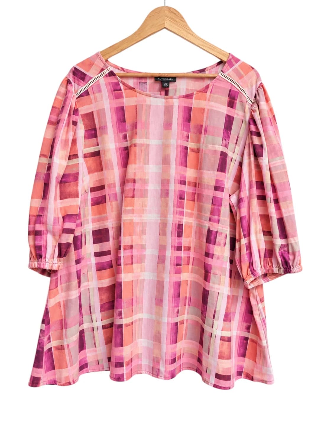 AUTOGRAPH Pink Plaid Linen Blend Puff Sleeve Blouse Top Size 22 — photo 2 of 8