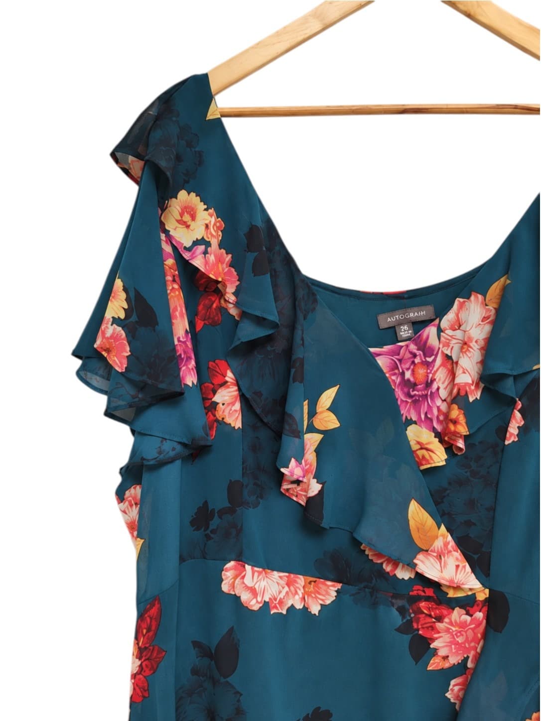 AUTOGRAPH Teal Floral Ruffle Wrap Style Midi Dress Size 26 — photo 1 of 8