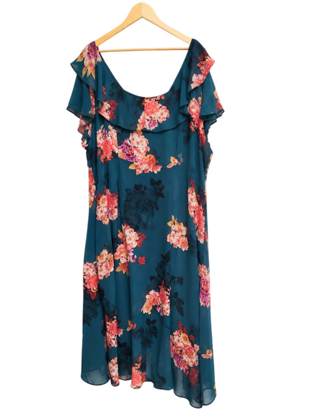 AUTOGRAPH Teal Floral Ruffle Wrap Style Midi Dress Size 26 — photo 3 of 8