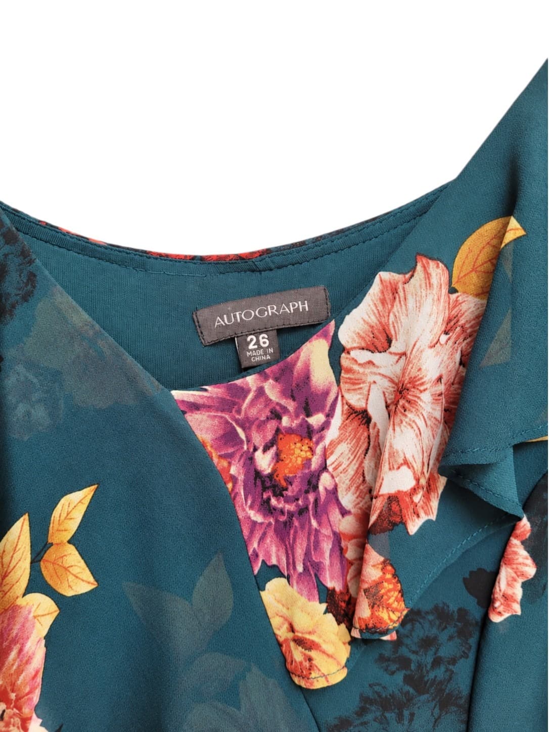 AUTOGRAPH Teal Floral Ruffle Wrap Style Midi Dress Size 26 — photo 6 of 8