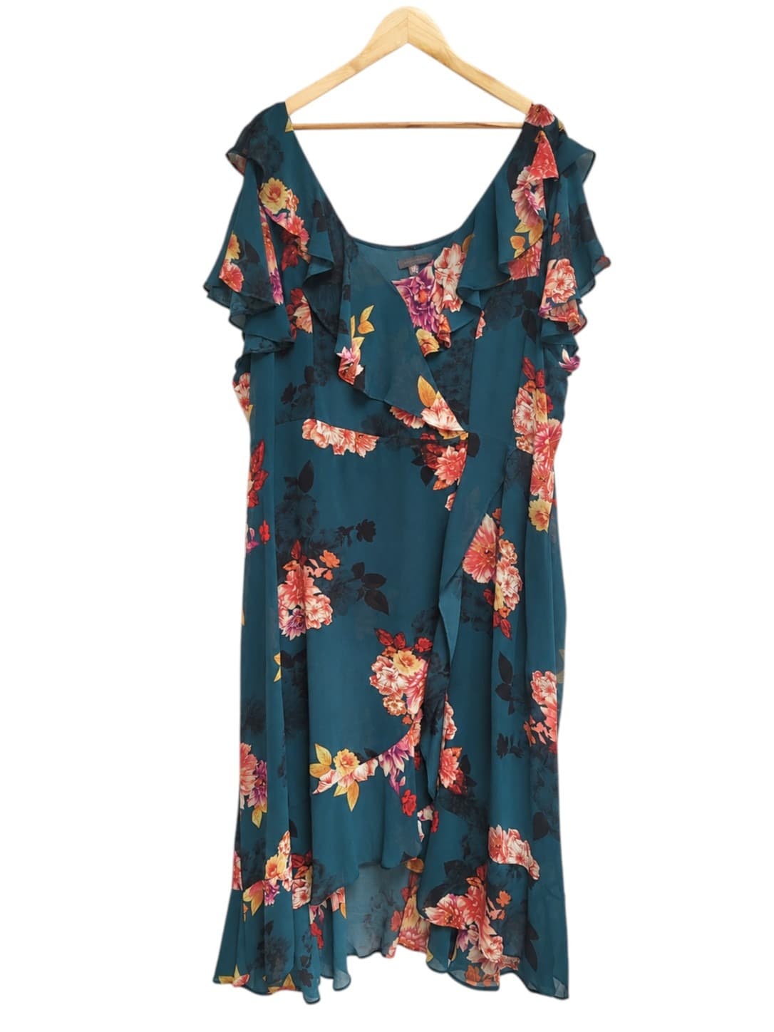 AUTOGRAPH Teal Floral Ruffle Wrap Style Midi Dress Size 26 — photo 5 of 8