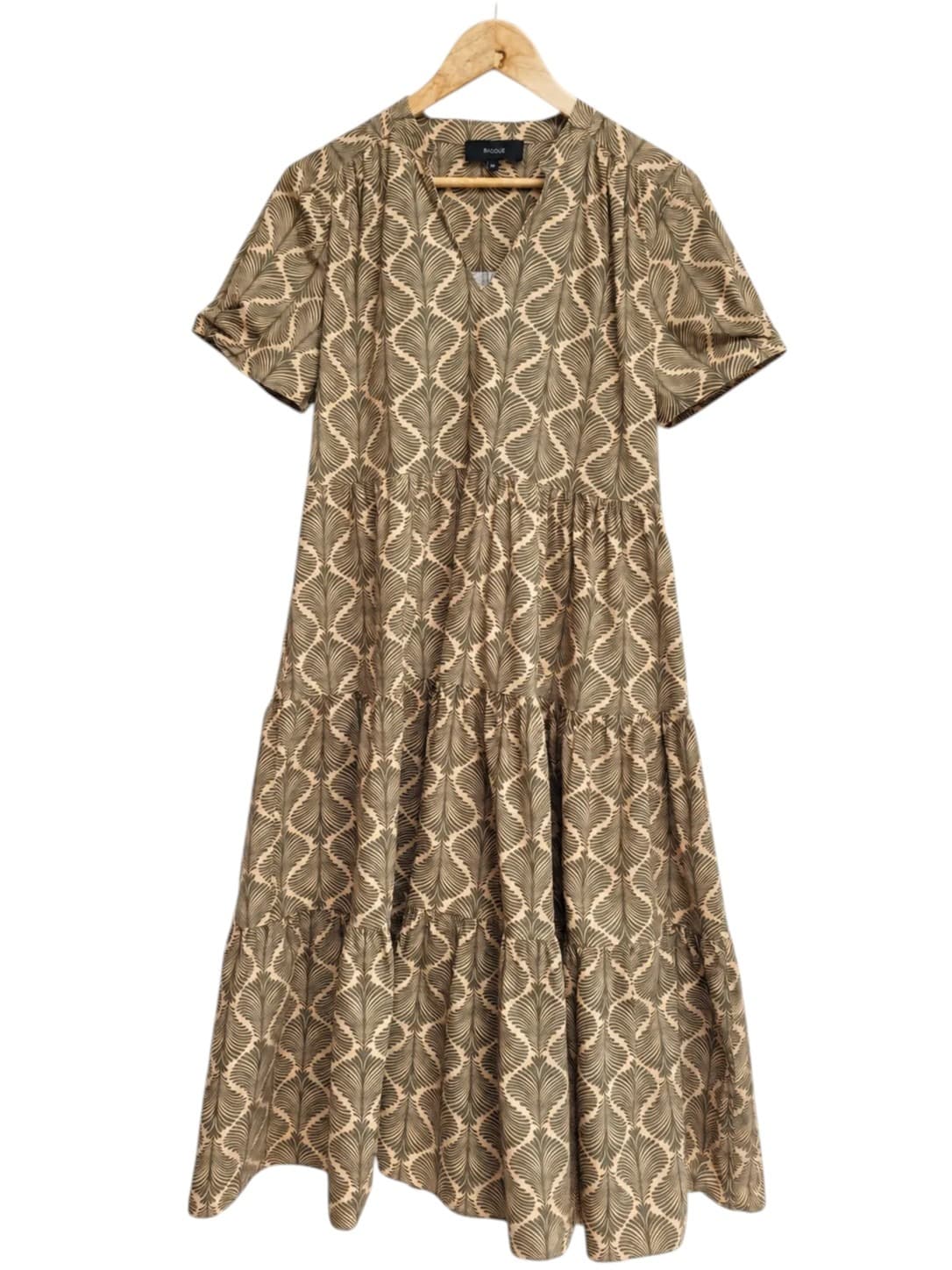 BASQUE Beige Olive Green Botanical Leaf Print Cotton Tiered Midi Dress Size 10 — photo 2 of 7