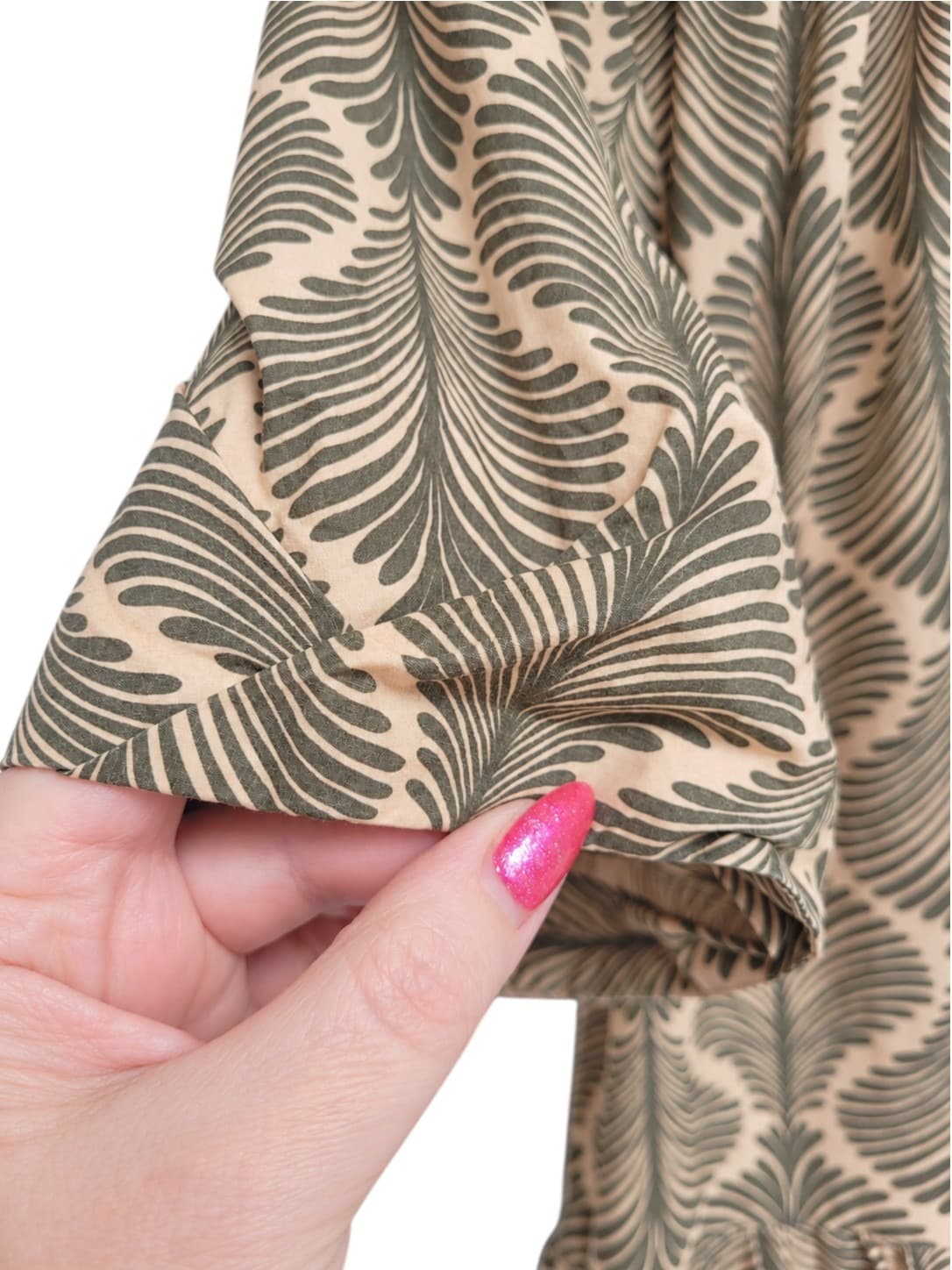 BASQUE Beige Olive Green Botanical Leaf Print Cotton Tiered Midi Dress Size 10 — photo 4 of 7