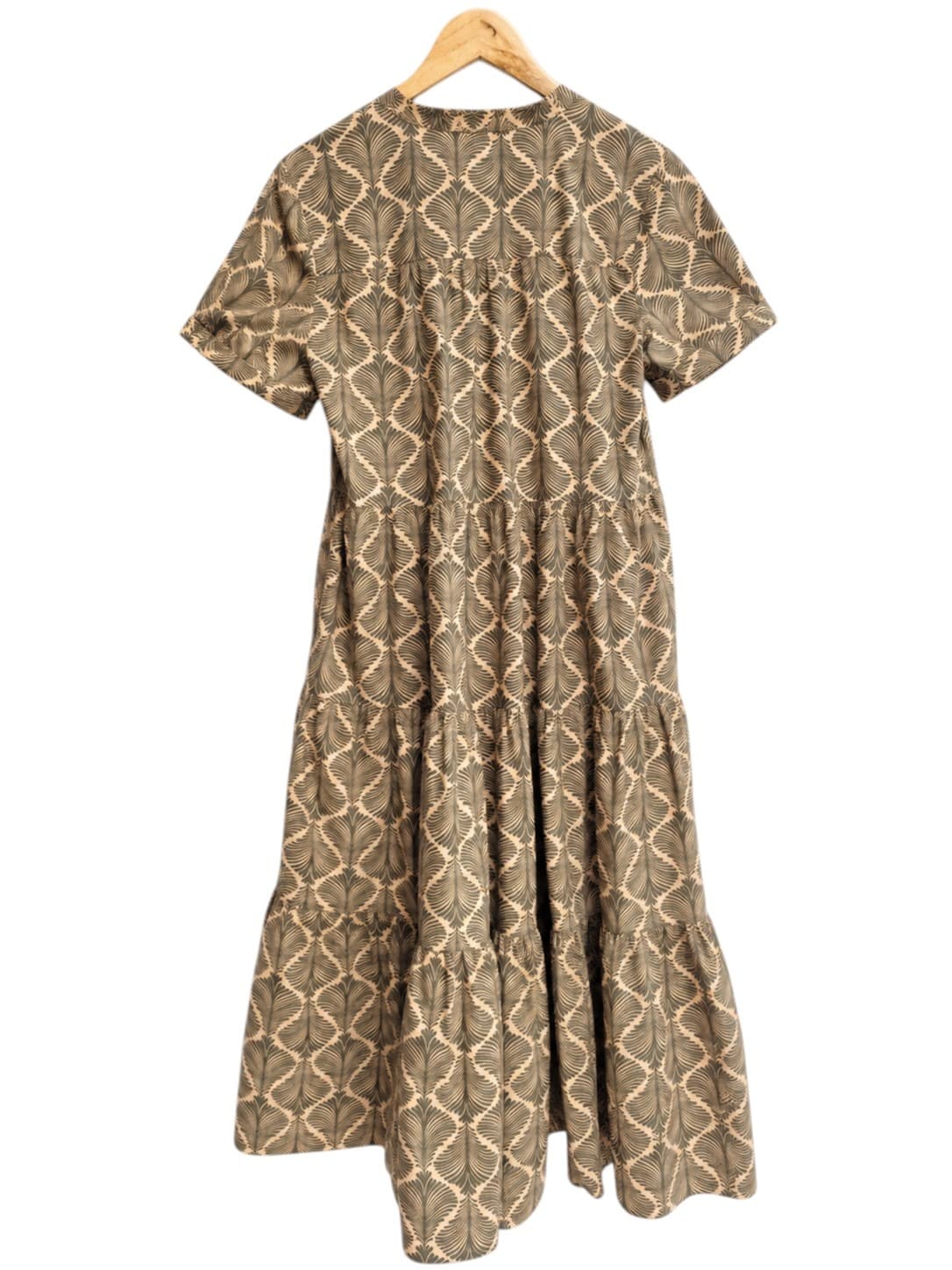 BASQUE Beige Olive Green Botanical Leaf Print Cotton Tiered Midi Dress Size 10 — photo 5 of 7