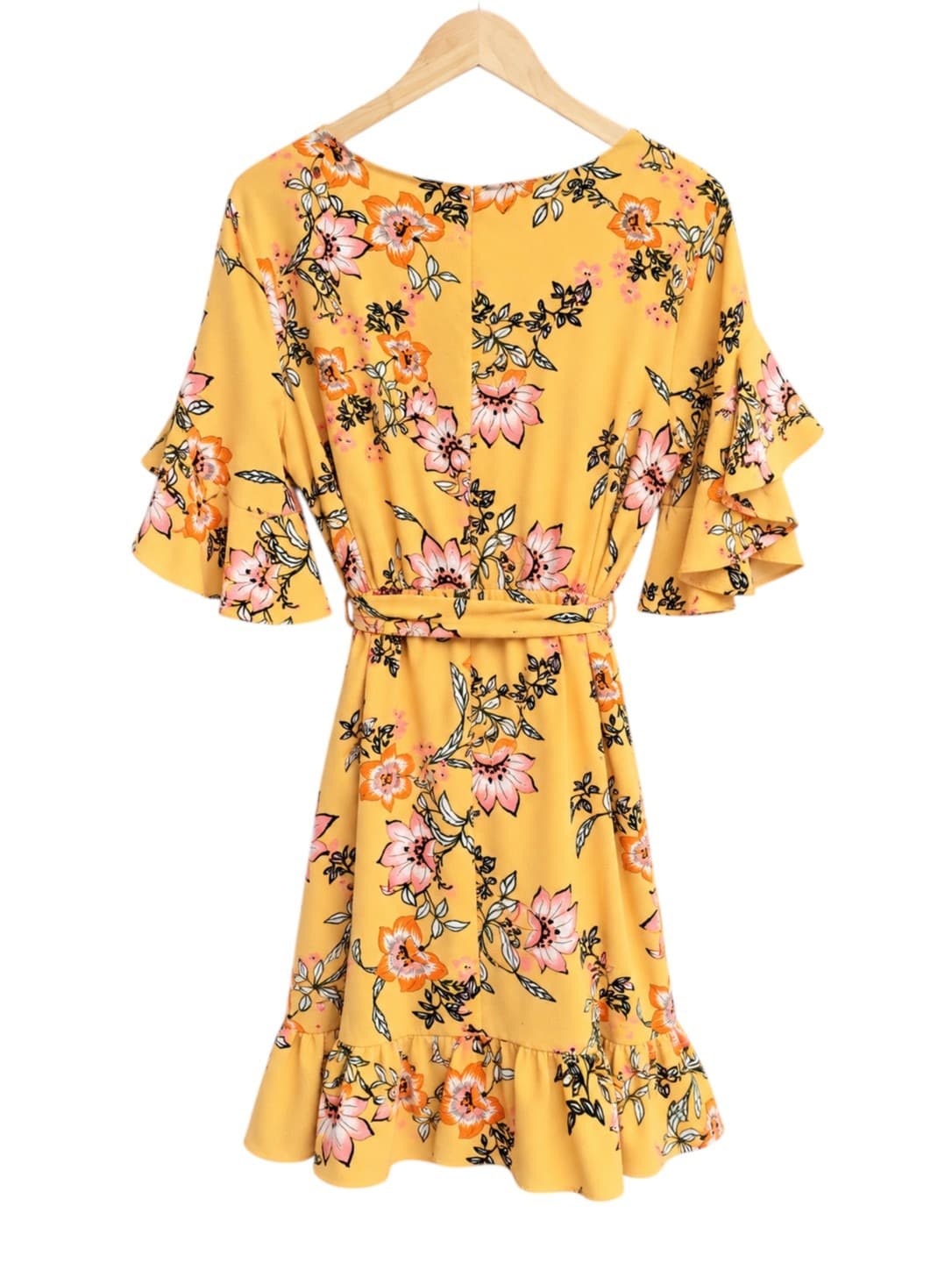 Basque Floral Mini Dress Womens 14 Yellow Pink Flutter Sleeve Belted Ruffle — photo 4 of 6