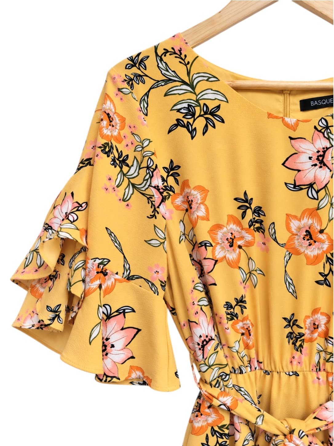 Basque Floral Mini Dress Womens 14 Yellow Pink Flutter Sleeve Belted Ruffle — photo 2 of 6