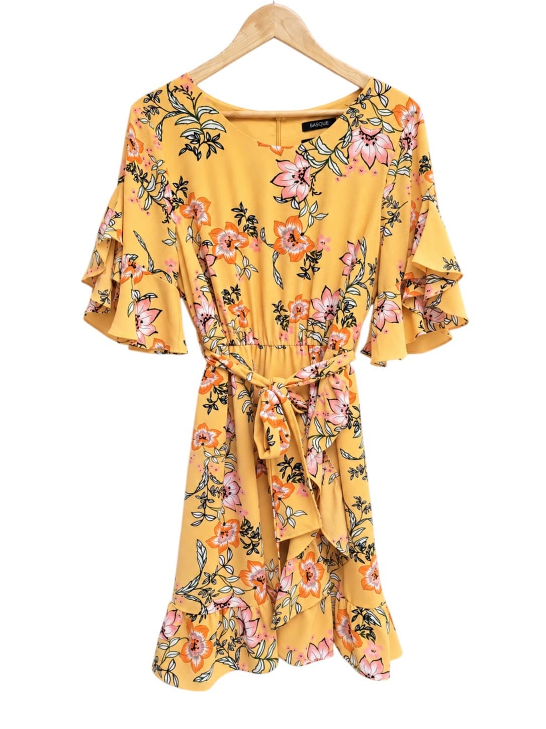 Basque Floral Mini Dress Womens 14 Yellow Pink Flutter Sleeve Belted Ruffle — photo 1 of 6
