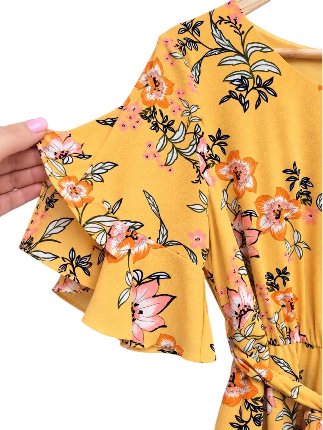 Basque Floral Mini Dress Womens 14 Yellow Pink Flutter Sleeve Belted Ruffle — photo 3 of 6