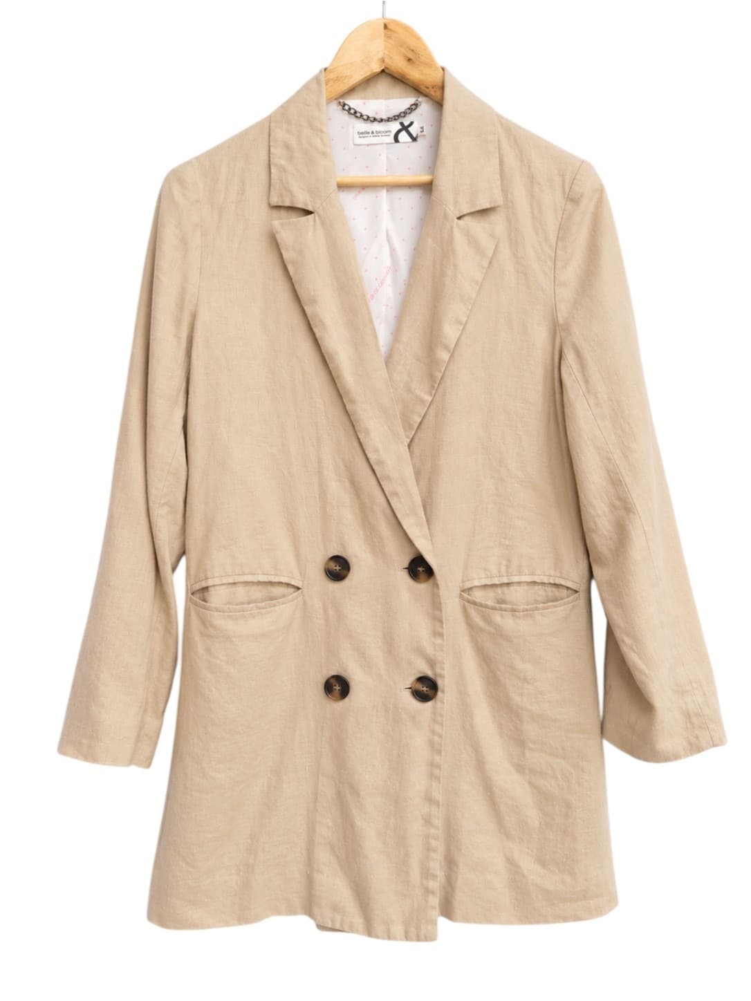 Belle & Bloom Womens Linen Blazer Size M Beige Double Breasted Long Jacket — photo 2 of 7