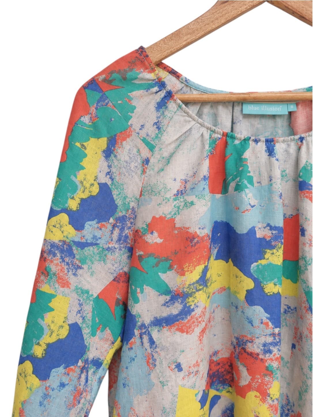 BLUE ILLUSION Multicolour Abstract Print 100% Linen Tie Hem Top Size S — photo 2 of 6