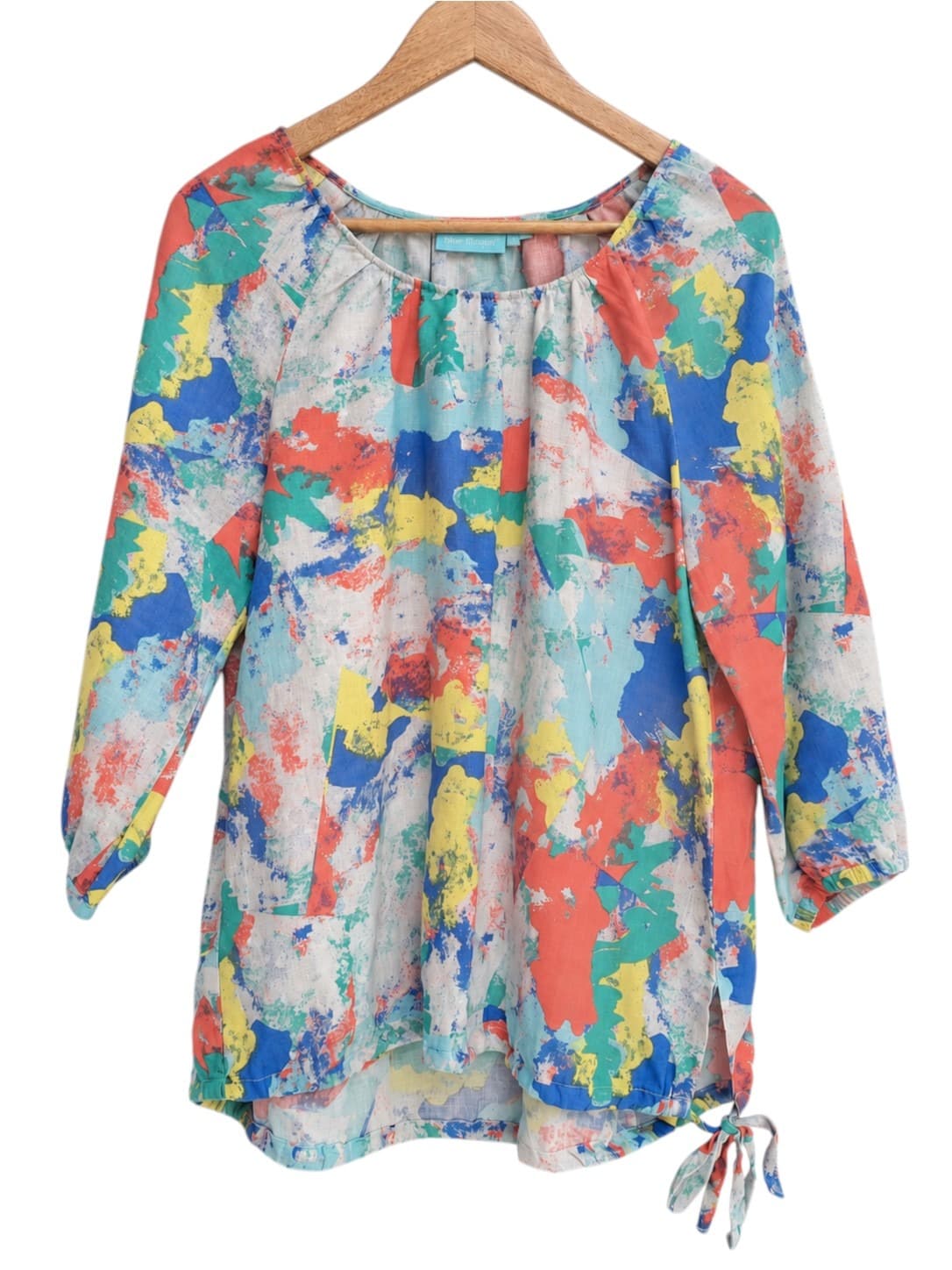 BLUE ILLUSION Multicolour Abstract Print 100% Linen Tie Hem Top Size S — photo 1 of 6