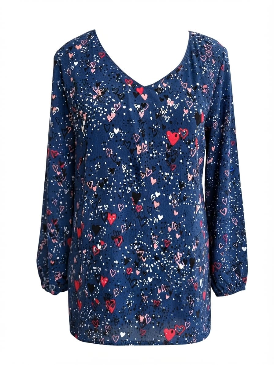BLUE ILLUSION Navy Heart Print V-Neck Long Sleeve Ruffle Hem Dress Size S — photo 3 of 7