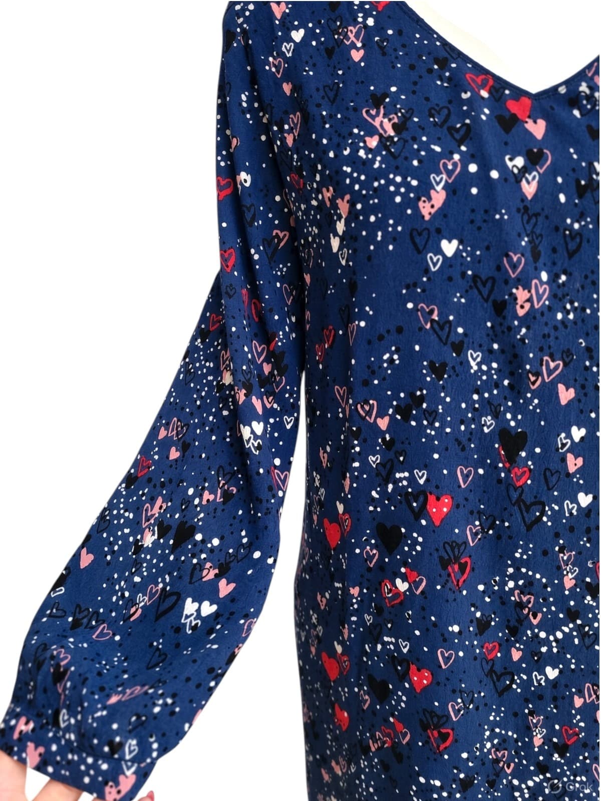 BLUE ILLUSION Navy Heart Print V-Neck Long Sleeve Ruffle Hem Dress Size S — photo 2 of 7