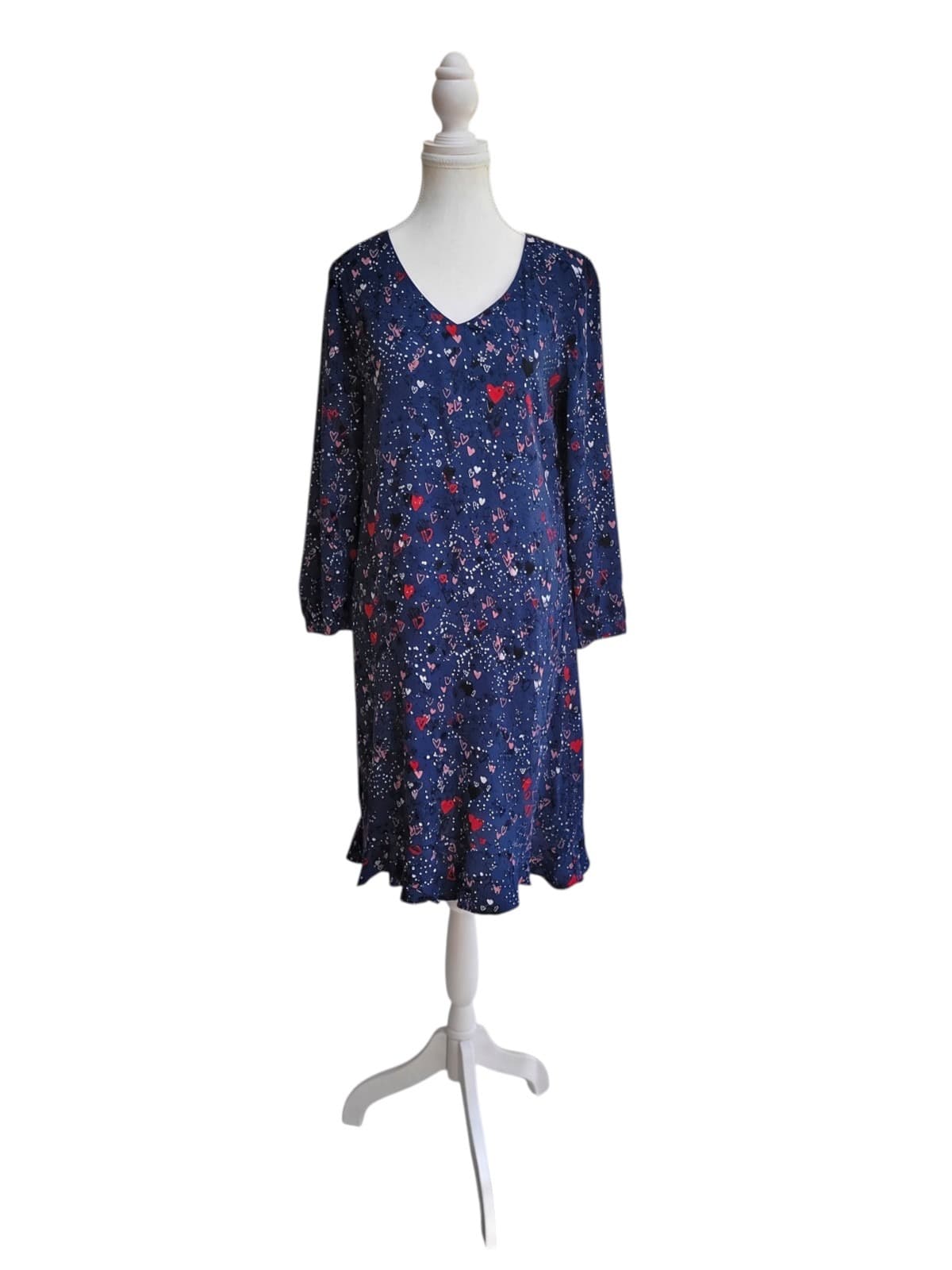 BLUE ILLUSION Navy Heart Print V-Neck Long Sleeve Ruffle Hem Dress Size S — photo 1 of 7