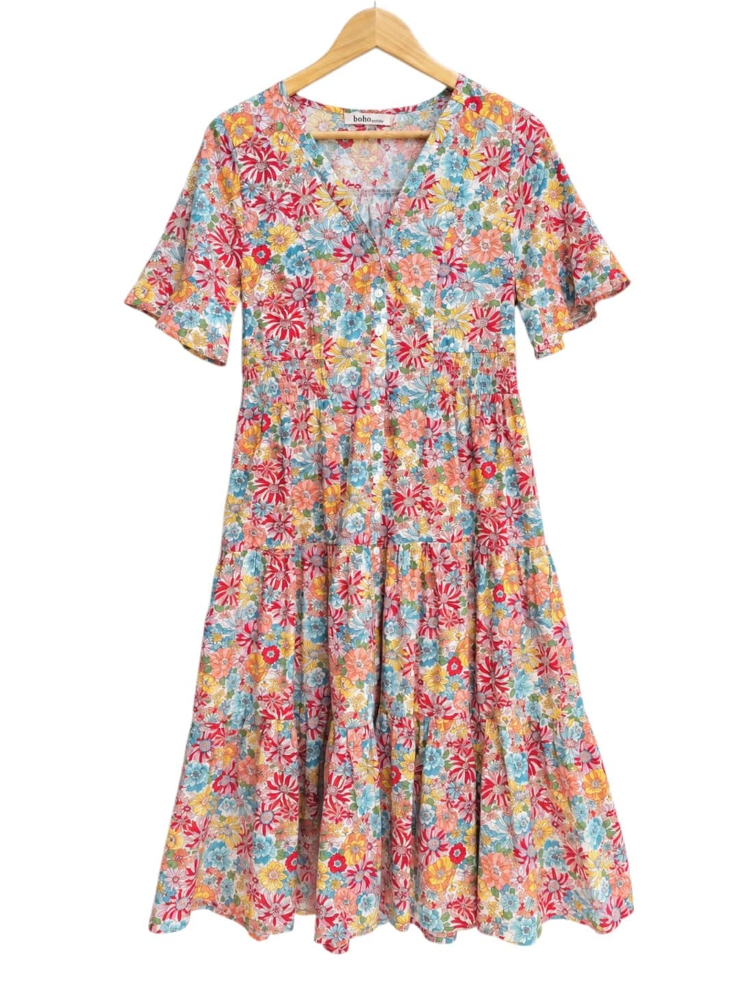BOHO AUSTRALIA Vibrant Floral Button Front Tiered Midi Dress Size S — photo 2 of 5