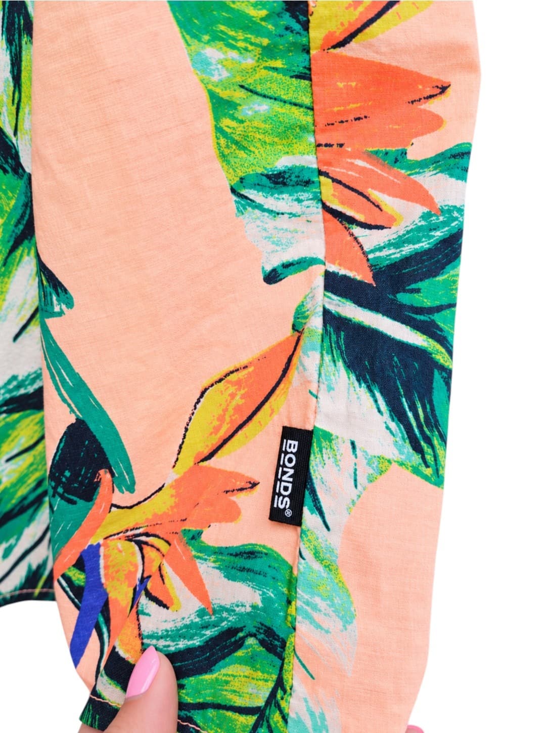 Bonds Womens Maxi Dress XS Tropical Print Peach Green Tiered Cotton Strappy — photo 4 of 7