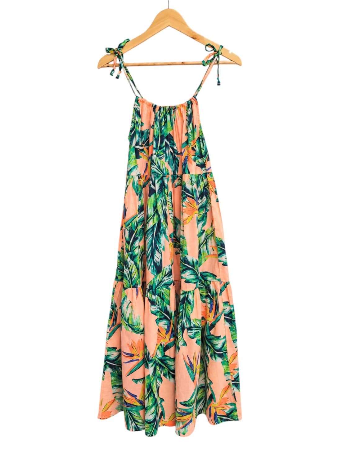 Bonds Womens Maxi Dress XS Tropical Print Peach Green Tiered Cotton Strappy — photo 5 of 7