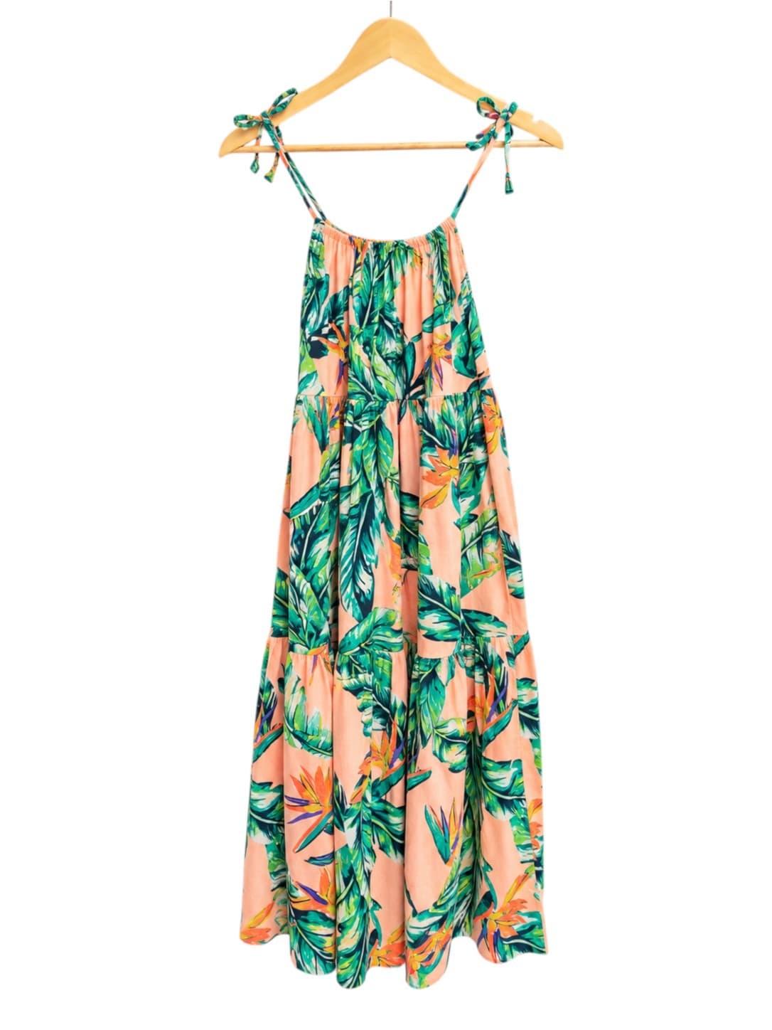 Bonds Womens Maxi Dress XS Tropical Print Peach Green Tiered Cotton Strappy — photo 1 of 7