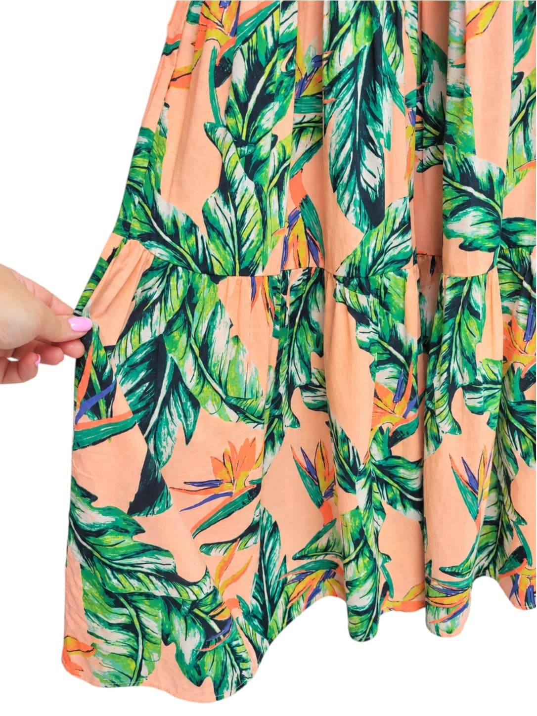 Bonds Womens Maxi Dress XS Tropical Print Peach Green Tiered Cotton Strappy — photo 3 of 7