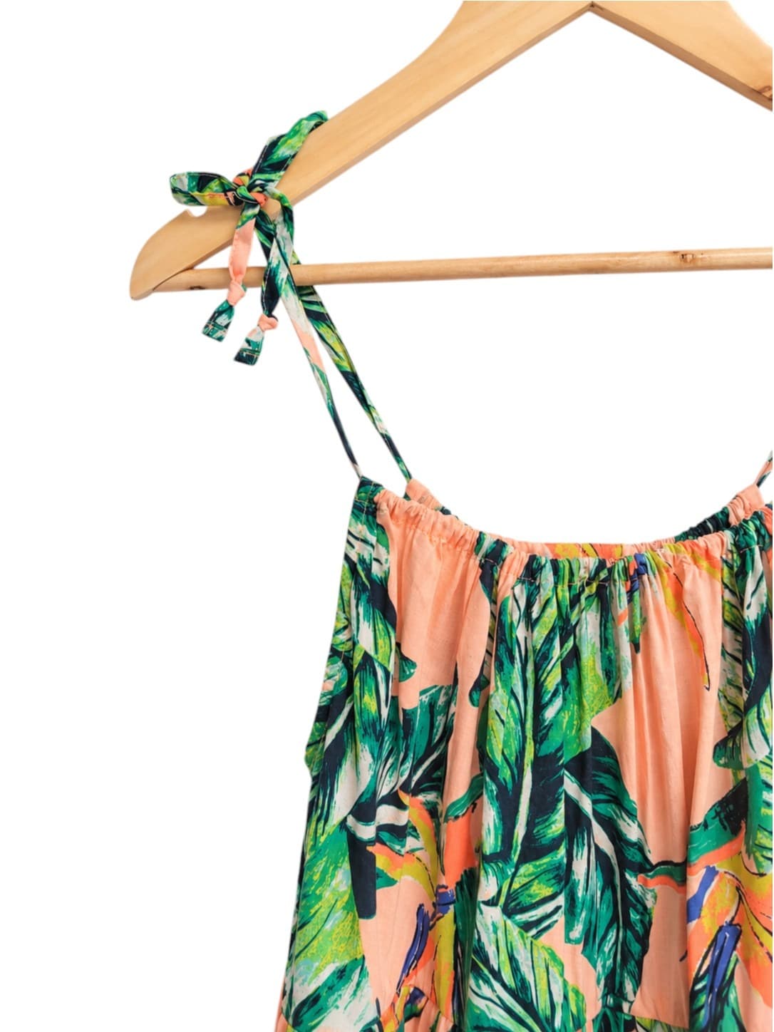 Bonds Womens Maxi Dress XS Tropical Print Peach Green Tiered Cotton Strappy — photo 2 of 7