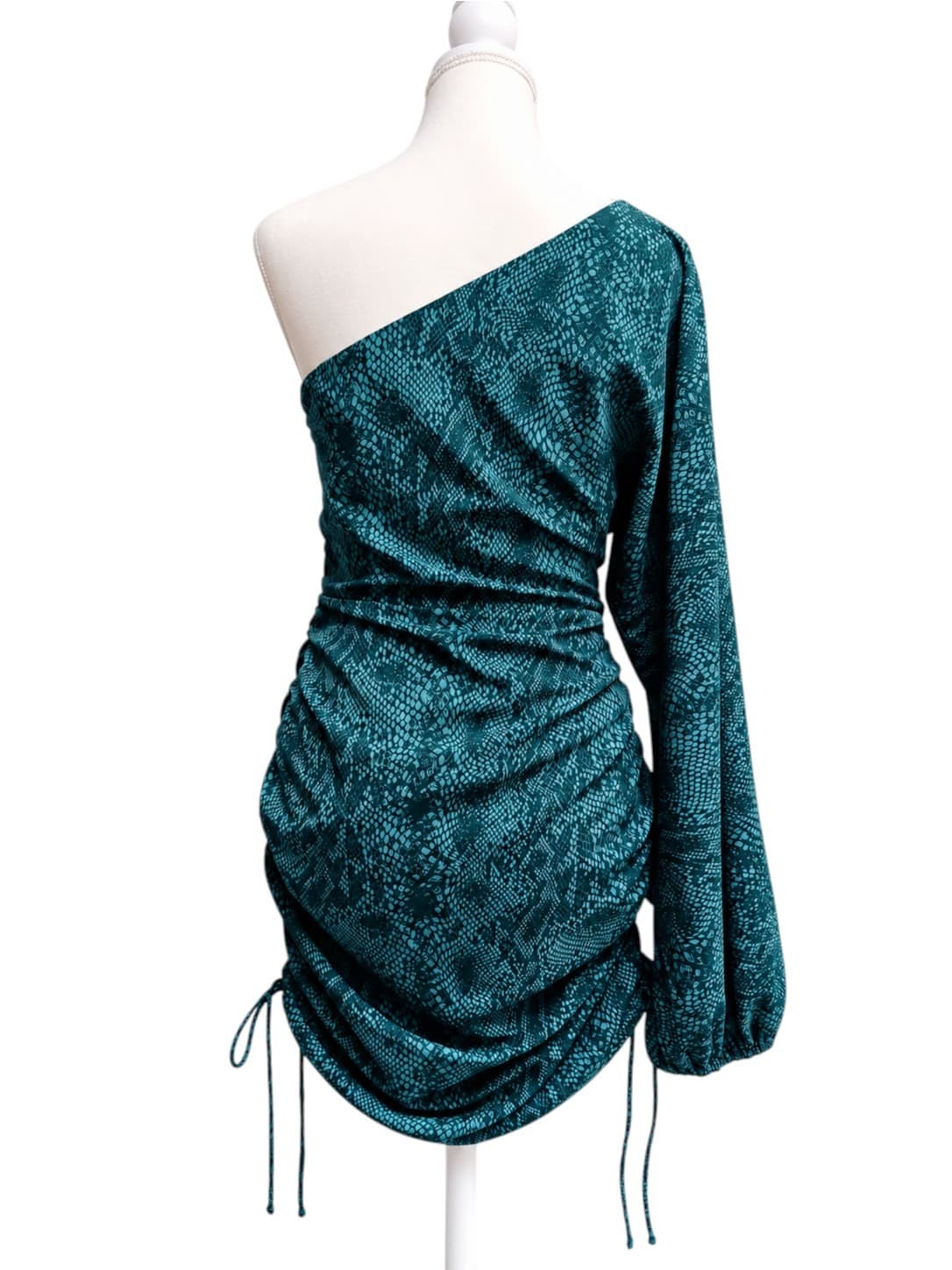 BWLDR Womens Mini Dress Size 10 Teal Snake Print One Shoulder Ruched Party — photo 5 of 8