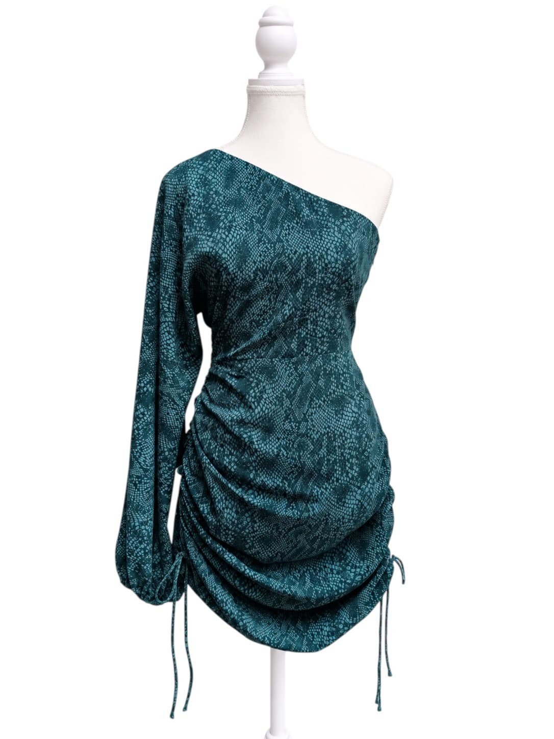 BWLDR Womens Mini Dress Size 10 Teal Snake Print One Shoulder Ruched Party — photo 1 of 8
