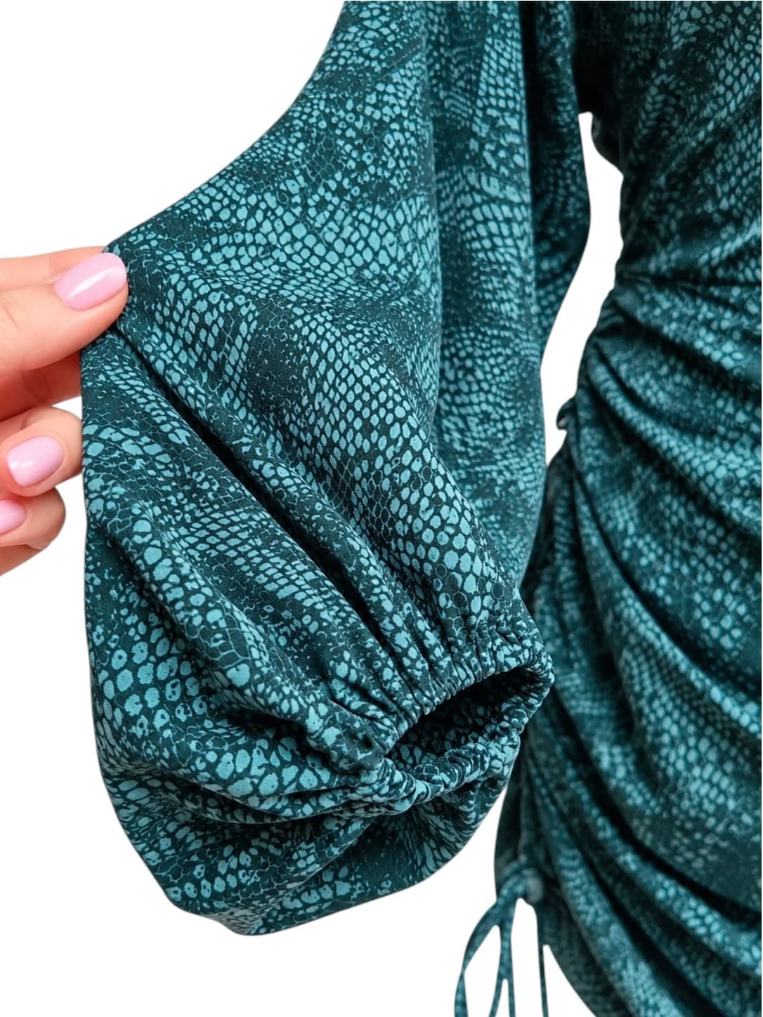 BWLDR Womens Mini Dress Size 10 Teal Snake Print One Shoulder Ruched Party — photo 3 of 8
