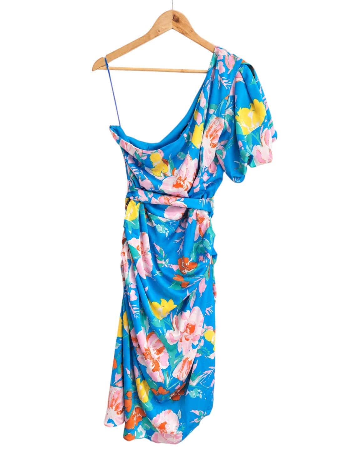 BY AMICA Blue Floral One Shoulder Ruched Draped Midi Dress Size 18 — photo 4 of 9
