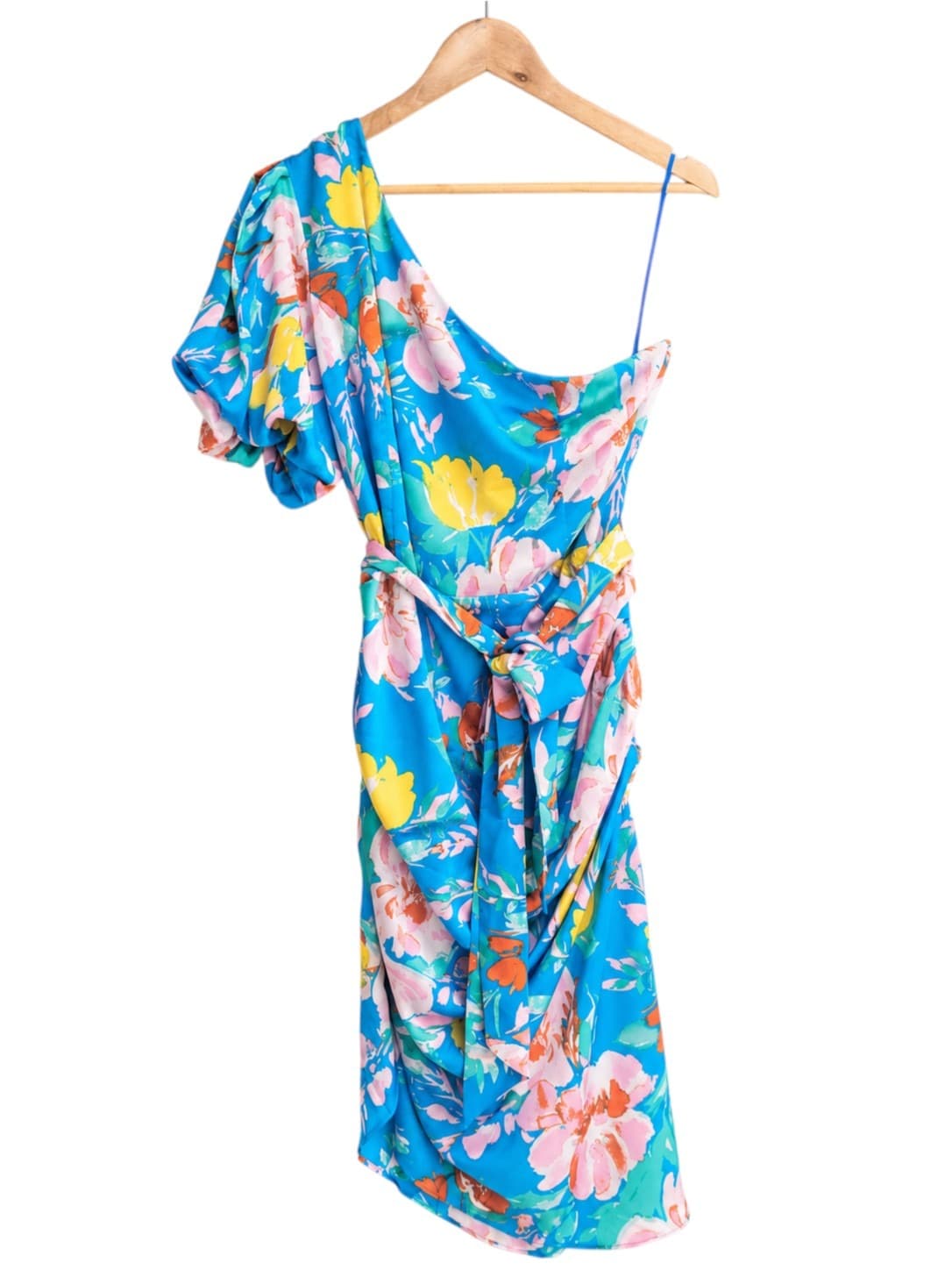 BY AMICA Blue Floral One Shoulder Ruched Draped Midi Dress Size 18 — photo 1 of 9