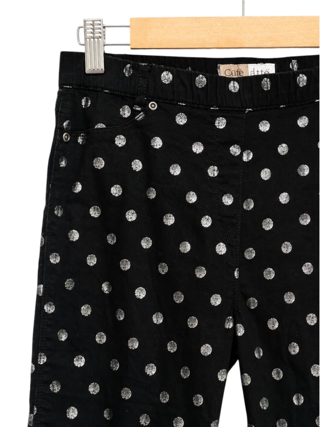 CAFÉ LATTÉ Black Silver Metallic Polka Dot Stretch Pants Size 12 — photo 1 of 5