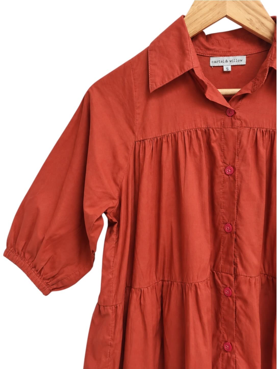 CARTEL & WILLOW Rust Red Cotton Tiered Smock Shirt Dress Size S — photo 3 of 6