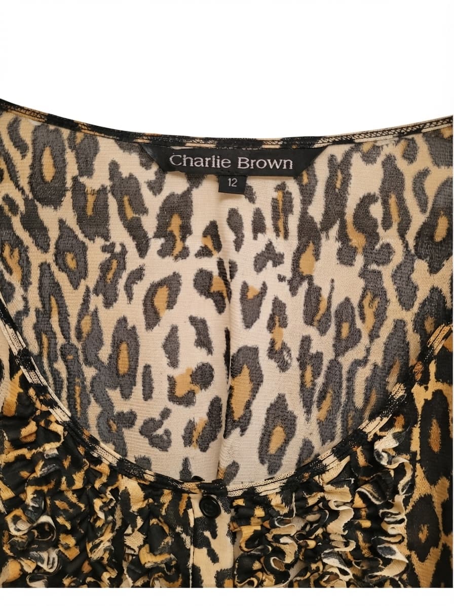 CHARLIE BROWN Y2K Leopard Print Sheer Mesh Ruffle Blouse Top Size 12 — photo 6 of 8